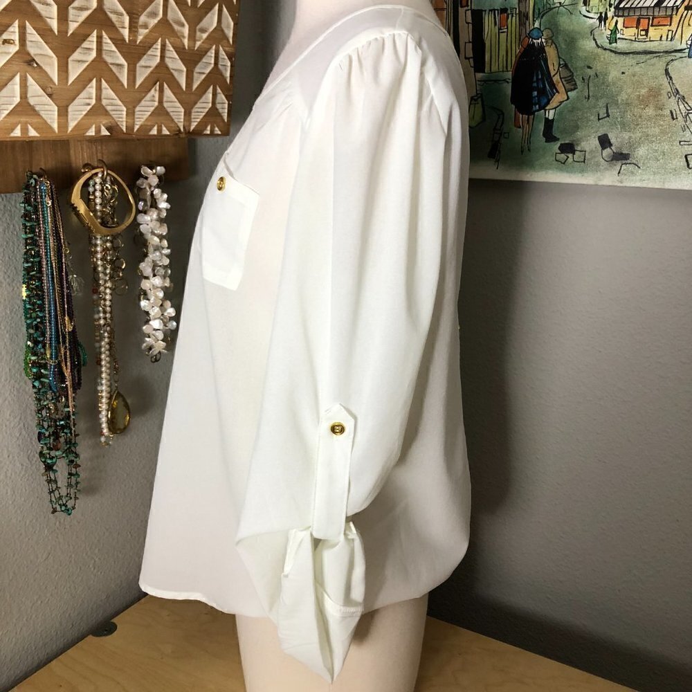 MINE Sheer Blouse Women's size L White & Gold Button T Back 3/4 Sleeve - Picture 9 of 11